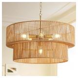 $210 6-LIGHT BOHO RATTAN CHANDELIER, 23.6" RATTAN