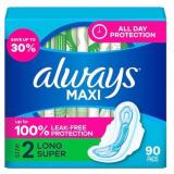 ALWAYS MAXI LONG PADS, UNSCENTED, SIZE 2, 90 CT.