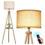 OUTON WOOD TRIPOD FLOOR LAMP WITH SHELVES, MID CEN