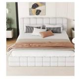 WHITE WOOD FRAME QUEEN SIZE UPHOLSTERED PLATFORM B