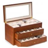 $181 CHERRY WOOD 36-WATCH BOX WITH GLASS TOP AND 2