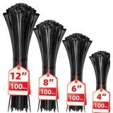CABLE ZIP TIES,400 PACK BLACK ASSORTED SIZES 12+8+