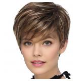 TISHINING PIXIE CUT BROWN SHORT HAIR WIGS FOR WHIT