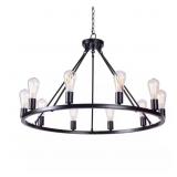 $259 STRATTON 10-LIGHT BLACK WAGON WHEEL, INDUSTRI