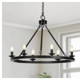 BLACK FARMHOUSE CHANDELIER, 6-LIGHT WAGON WHEEL PE