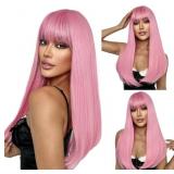 SUKRI PINK WIG WITH BANGS LONG STRAIGHT WIGS FOR W