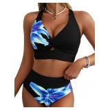 WOMENS TWIST FRONT HIGH WAISTED 2 PIECE BIKINI SET
