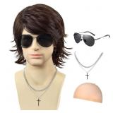 MENS BROWN WIG+NECKLACE+GLASSES+WIG CAP,LAYERED FL
