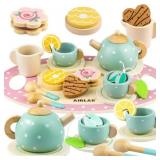 WOODEN TEA SET FOR LITTLE GIRLS PLAY FOOD PRETEND