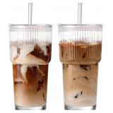 ICED COFFEE CUPS WITH LIDS 2PCS: RIBBED GLASS TUMB