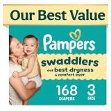 PAMPERS SWADDLERS DIAPERS, SIZE 3 (13-26 LBS), 168