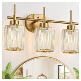 MODERN CRYSTAL BATHROOM VANITY LIGHT, 3-LIGHT BRUS