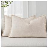DECORUHOME BEIGE FAUX LINEN OUTDOOR THROW PILLOW C