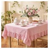 MINDSOFT PINK STRIPED RUFFLED RECTANGULAR TABLECLO