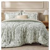 BEDSURE GREEN FLORAL QUEEN COMFORTER SET, BREATHAB