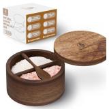 SALT CELLAR WITH LID & SPOON, ACACIA WOOD SALT CON