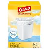 GLAD MEDIUM DRAWSTRING TRASH BAGS, RIP AND TEAR RE