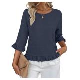 SILITEELON WOMENS 3/4 SLEEVE TOPS SUMMER RUFFLE DR