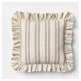 SQUARE WOVEN STRIPE THROW PILLOW WITH RUFFLE TAUPE