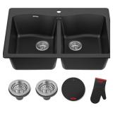 $350 KRAUS BLACK 33 IN DOUBLE BOWL DROP IN GRANITE