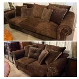 Dark Brown Paisley Fabric Sofa and Loveseat