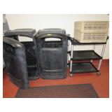 TWO TRASH CANS, TWO CUP RACKS, ETC.