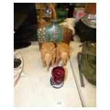2 WOOD ELEPHANT FIGURINES, LIGHTED SKULL, VASE
