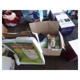 TRASH BAG STAND & BOX OF HOME ITEMS