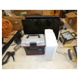 2 COMPUTER MONITORS, TACKLE BOX, FAN