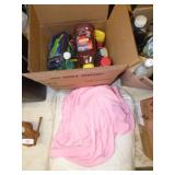 BOX OF FOOD ITEMS & PILLOW