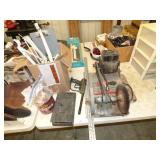BENCH GRINDER, SHELF BRACKETS, TOOL BOX & TOOLS