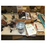 BOX OF CORDS, NEW CHARCOAL STARTER, TORCHES, TOOLS