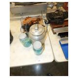 2 BLUE FRUIT JARS W/ LEAD LIDS, 4 QT TIN CAN, &