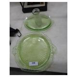 2 GREEN DEPRESSION PLATES URANIUM GLASS & CREAMER