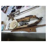 HORSE HAMES, ICE TONGS, VINTAGE CROSSBOW, PAN