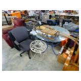 GLASS TOP TABLE, OFFFICE CHAIR, 2 PLANT STANDS, LU
