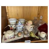 Shelf lot of Knick knacks and lidded candy dishes