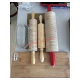 Rolling pins, cutting board and butter dish lot