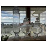 3 piece large Clear Glass Lidded Decorative Jars
