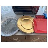 Serving trays, plastic, silverplate and glass