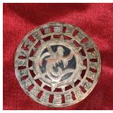 Aztec Calendar Style Mexico Silver Large Brooch