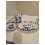 Ceramic horse dishes, and lidded jar, one