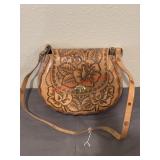 Hand-tooled ladies leather floral crossbody