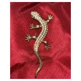 Gold Toned Blingy Rhinestone Lizard Brooch