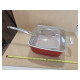 Red Copper deep frying pan with basket and lid -