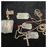 An assortment of pens and necklaces supporting