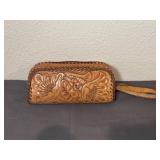 Western-style hand-tooled Floral leather wristlet
