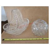 Cut crystal basket and glass globe vase - hutch