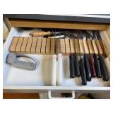 knives, sharpener and pizza cutters drawer lot