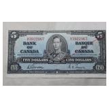 Canada $5 Banknote 1937 BC-23b Gordon Towers